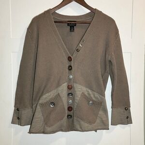 Pure Handknit Cotton S/M Taupe Cardigan Sweater Buttons Artsy Boho Cottage Knit